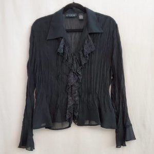 Sheer Black Pleated and Lace Long Sleeve Blouse